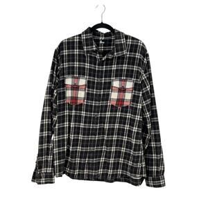 The Kooples Plaid Flap Pocket Flannel Shirt Button Up Black White Red Size XL